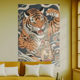 虎 寅年 陶器 守護 強さ タペストリー 和柄 和風 大きい 男気 日本画風 入れ墨風 アウトロー 縦型 縦配信 大自然 インテリア 撮影背景 壁掛け 大判 長方形 壁布 オレンジ 黒 白