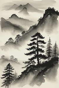 山 木 風景 自然 墨絵 タペストリー 和柄 和風 日本画風 男気 大和魂 厳つい インテリア 大きい 縦型 縦配信 撮影背景 壁掛け 大判 長方形 壁布 黒 グレー 白