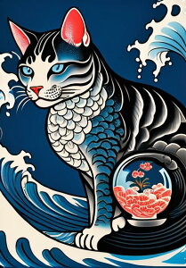 猫 波 花 水槽 日本画 タペストリー 和柄 和風 日本画風 男気 大和魂 厳つい インテリア 大きい 縦型 縦配信 撮影背景 壁掛け 大判 長方形 壁布 青 紺 黒