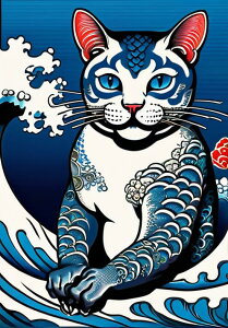 猫 波 刺青 和風 ポップアート タペストリー 和柄 日本画風 男気 大和魂 厳つい インテリア 大きい 縦型 縦配信 撮影背景 壁掛け 大判 長方形 壁布 青 白 赤