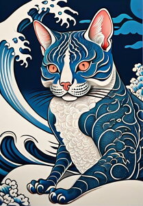 猫 波 和風 アート 掛け軸 タペストリー 和柄 日本画風 男気 大和魂 厳つい インテリア 大きい 縦型 縦配信 撮影背景 壁掛け 大判 長方形 壁布 青 白 ピンク