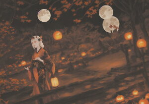 月 着物 提灯 カボチャ 紅葉 タペストリー ハロウィン 幻想的 インテリア 大きい 撮影背景 壁掛け 大判 長方形 壁布 オレンジ ベージュ 白