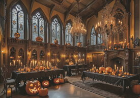 ハロウィン パンプキン 蝋燭 シャンデリア 大広間 タペストリー 幻想的 インテリア 大きい 撮影背景 壁掛け 大判 長方形 壁布 オレンジ 黒 ベージュ