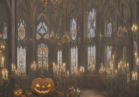 カボチャ 蝋燭 大聖堂 ハロウィン ゴシック タペストリー 幻想的 インテリア 大きい 撮影背景 壁掛け 大判 長方形 壁布 オレンジ ベージュ 黄色