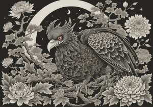 鳥 花 月 植物 枝 タペストリー 和風 和柄 入れ墨風 浮世絵風 ハロウィン インテリア 大きい 撮影背景 壁掛け 大判 長方形 壁布 黒 白 グレー