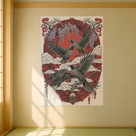 カラス 烏 鳥 花 藤 タペストリー 和風 和柄 入れ墨風 浮世絵風 ハロウィン インテリア 大きい 撮影背景 壁掛け 大判 長方形 壁布 赤 黒 グレー