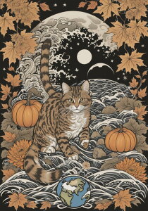 猫 ネコ 秋 カボチャ 月 タペストリー 和風 和柄 入れ墨風 浮世絵風 ハロウィン インテリア 大きい 撮影背景 壁掛け 大判 長方形 壁布 オレンジ ベージュ 黒