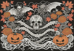 ハロウィン スカル カボチャ 花 コウモリ タペストリー 和風 和柄 入れ墨風 浮世絵風 インテリア 大きい 撮影背景 壁掛け 大判 長方形 壁布 黒 白 オレンジ