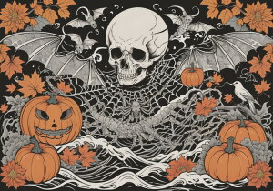 ハロウィン カボチャ 骸骨 コウモリ 蜘蛛 タペストリー 和風 和柄 入れ墨風 浮世絵風 インテリア 大きい 撮影背景 壁掛け 大判 長方形 壁布 オレンジ 白 黒