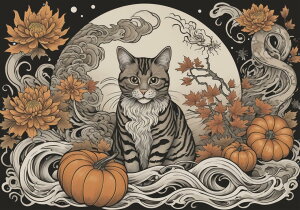 猫 菊 カボチャ 秋 月 タペストリー 和風 和柄 入れ墨風 浮世絵風 ハロウィン インテリア 大きい 撮影背景 壁掛け 大判 長方形 壁布 白 オレンジ グレー