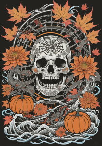 骸骨 スカル カボチャ 菊 紅葉 タペストリー 和風 和柄 入れ墨風 浮世絵風 ハロウィン インテリア 大きい 撮影背景 壁掛け 大判 長方形 壁布 白 黒 オレンジ