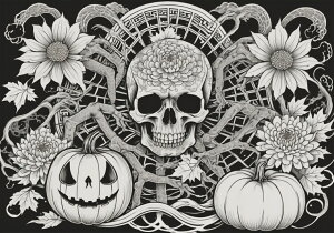 ハロウィン スカル カボチャ 花 骸骨 タペストリー 和風 和柄 入れ墨風 浮世絵風 インテリア 大きい 撮影背景 壁掛け 大判 長方形 壁布 白 黒 グレー