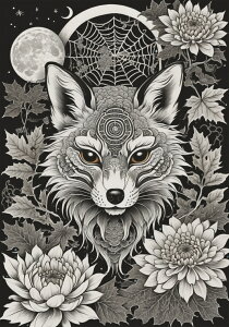 狐 月 蜘蛛の巣 花 葉 タペストリー 和風 和柄 入れ墨風 浮世絵風 ハロウィン インテリア 大きい 撮影背景 壁掛け 大判 長方形 壁布 白 黒 グレー