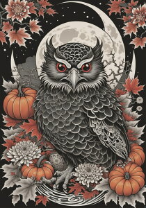 フクロウ 月 カボチャ 菊 紅葉 タペストリー 和風 和柄 入れ墨風 浮世絵風 ハロウィン インテリア 大きい 撮影背景 壁掛け 大判 長方形 壁布 黒 白 グレー