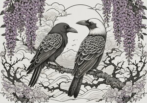 カラス 藤 花 枝 月 タペストリー 和風 和柄 入れ墨風 浮世絵風 ハロウィン インテリア 大きい 撮影背景 壁掛け 大判 長方形 壁布 黒 白 グレー