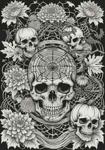 頭蓋骨 スカル 花 蜘蛛の巣 カボチャ タペストリー 和風 和柄 入れ墨風 浮世絵風 ハロウィン インテリア 大きい 撮影背景 壁掛け 大判 長方形 壁布 白 黒 グレー