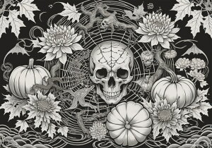 ハロウィン スカル カボチャ 花 蜘蛛の巣 タペストリー 和風 和柄 入れ墨風 浮世絵風 インテリア 大きい 撮影背景 壁掛け 大判 長方形 壁布 白 黒 グレー
