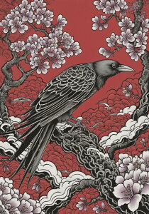 カラス 桜 木 花 和風 タペストリー 和柄 入れ墨風 浮世絵風 ハロウィン インテリア 大きい 撮影背景 壁掛け 大判 長方形 壁布 赤 黒 白