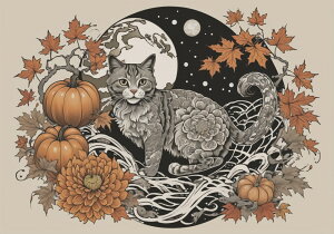 猫 ネコ 秋 カボチャ 月 タペストリー 和風 和柄 入れ墨風 浮世絵風 ハロウィン インテリア 大きい 撮影背景 壁掛け 大判 長方形 壁布 グレー オレンジ ベージュ