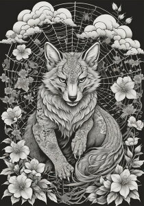 狐 花 雲 蜘蛛の巣 タトゥー タペストリー 和風 和柄 入れ墨風 浮世絵風 ハロウィン インテリア 大きい 撮影背景 壁掛け 大判 長方形 壁布 黒 白 グレー