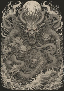 鬼 龍 モンスター 妖怪 悪魔 タペストリー 和風 和柄 入れ墨風 浮世絵風 ハロウィン インテリア 大きい 撮影背景 壁掛け 大判 長方形 壁布 黒 白 グレー