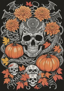 骸骨 ドクロ カボチャ 花 紅葉 タペストリー 和風 和柄 入れ墨風 浮世絵風 ハロウィン インテリア 大きい 撮影背景 壁掛け 大判 長方形 壁布 黒 白 グレー