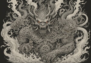 鬼 龍 妖怪 炎 モンスター タペストリー 和風 和柄 入れ墨風 浮世絵風 ハロウィン インテリア 大きい 撮影背景 壁掛け 大判 長方形 壁布 白 グレー 黒