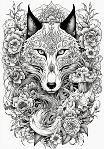 狐 キツネ 花 植物 アート タペストリー 和風 和柄 ハロウィン ホラー ゴシック 日本画風 浮世絵風 インテリア 大きい 撮影背景 壁掛け 大判 長方形 壁布 白 黒 グレー