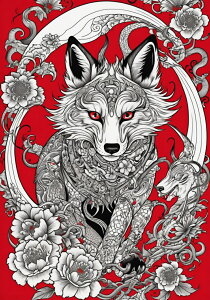 キツネ 狐 花 龍 竜 タペストリー 和風 和柄 ハロウィン ホラー ゴシック 日本画風 浮世絵風 インテリア 大きい 撮影背景 壁掛け 大判 長方形 壁布 赤 白 黒