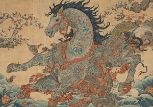 馬 花 波 木 鳥 タペストリー 和風 お正月飾り 午年 2026年 干支 馬鬼 日本画風 浮世絵風 インテリア 大きい 撮影背景 壁掛け 大判 長方形 壁布 青 グレー 赤