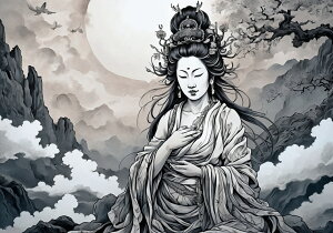 観音 仏教 宗教 瞑想 平和 タペストリー 和風 菩薩 仏 女性 癒し ヒーリング インテリア 大きい 撮影背景 壁掛け 大判 長方形 壁布 白 黒 グレー
