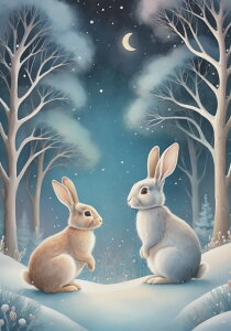 ウサギ 月 雪 冬 木 クリスマス タペストリー 雪景色 聖夜 神秘的 インテリア 大きい 撮影背景 壁掛け 大判 長方形 壁布 白 ベージュ 青