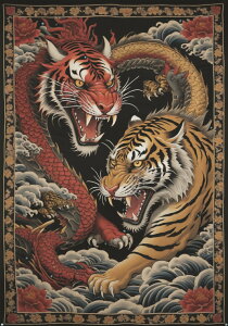 虎 龍 掛け軸 和風 猛獣 男気 タペストリー 防犯 根性 かっこいい インテリア 大きい 撮影背景 壁掛け 大判 長方形 壁布 赤 オレンジ 黄色