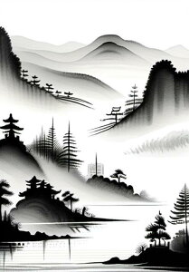 山 寺 木 水墨画 風景 タペストリー 和柄 和風 和モダン 水墨画風 大判 布製 壁飾り 巨大 壁掛け インテリア 大きい 撮影背景 長方形 黒 白 グレー