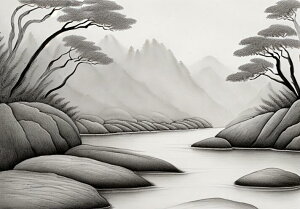 山 川 岩 木 風景 タペストリー 和柄 和風 和モダン 水墨画風 大判 布製 壁飾り 巨大 壁掛け インテリア 大きい 撮影背景 長方形 白 黒 グレー