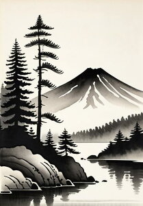 山 木 水 風景 自然 タペストリー 和柄 和風 和モダン 水墨画風 大判 布製 壁飾り 巨大 壁掛け インテリア 大きい 撮影背景 長方形 黒 白 グレー