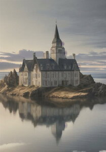 城 建物 水 反射 島 タペストリー 風景 リラックス 名画風 遠景 瞑想 大判 布製 壁飾り 巨大 壁掛け インテリア 大きい 撮影背景 長方形 グレー ベージュ 白