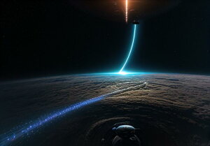 宇宙 惑星 宇宙船 光線 未来 タペストリー 風景 リラックス 名画風 遠景 瞑想 大判 布製 壁飾り 巨大 壁掛け インテリア 大きい 撮影背景 長方形 青 黒 オレンジ