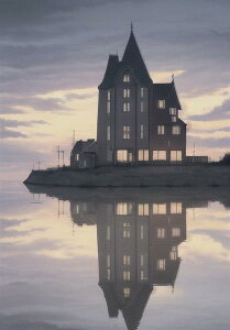 建物 水面 反射 夕暮れ 海岸 タペストリー 風景 リラックス 名画風 遠景 瞑想 大判 布製 壁飾り 巨大 壁掛け インテリア 大きい 撮影背景 長方形 グレー ベージュ