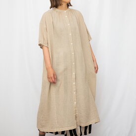 【SALE40%off】[公式ストア] SUN VALLEY サンバレー / 綿麻 ガーゼ 袖ギャザー スタンドカラー シャツワンピース