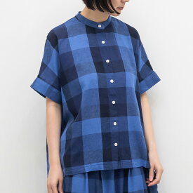 【SALE20%off】[公式ストア] SUN VALLEY サンバレー / 綿麻 ガーゼ ブロックチェック ワイド スタンドカラー シャツ