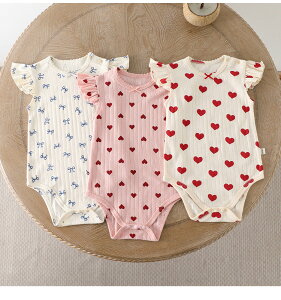 肩フリルベビーロンパース ハートロンパース 女の子 子ども服 海外子供服 プチプラ子ども服 赤ちゃん ハート柄 リボン柄 リボンロンパース 半袖ロンパース