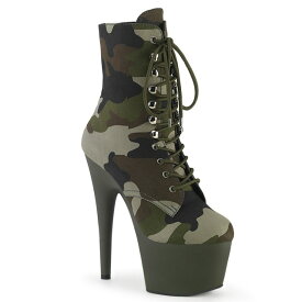 PLEASER【取り寄せ】プリーザー・レースアップカモフラ厚底ショートブーツ/品番：ADORE-1020CAMO/ADO1020CAMO/17cmヒール/小さいサイズ/大きいサイズ/レディース/衣装/コスプレ/パーティー/ピンヒール/ポールダンス/ダンス/グリーンカモフラ/緑迷彩