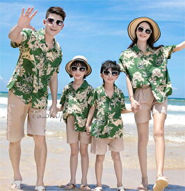親子ペアルック 夏 アロハシャツ親子服 半袖トップス ショートパンツ上下セット家族お揃い服レディース メンズ 親子セット 親子コーデ親子ペア 花柄ハワイシャツ 子供服ママ パパ カップル服 男の子キッズ女の子 海辺 沖縄ビーチ旅行リゾート夏休み結婚式 父の日グリーン