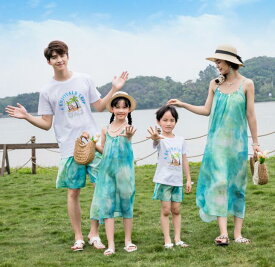 親子服ノースリーブワンピース上下セット親子お揃いTシャツ パンツ2点セット親子コーデ夏 半袖メンズ レディース子供服セットアップ海辺 ママ パパ カップル夏休み ガールズ男の子キッズ女の子ハーフパンツ リゾート結婚式キャミワンピ ロングドレス ハワイ ビーチ恋人