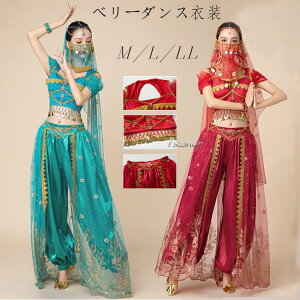 ダンス衣装ベリーダンス衣装 レディース ステージ衣装セットアップ 練習用アラジン民族風インドダンスウェア トップス半袖ロングスパンツ アクセサリー大人用コスチューム コスプレ仮装