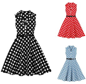 子供ワンピース キッズ ノースリーブ ドット水玉柄 ジュニア レトロドレス Aライン 子供服 ダンス衣装 フレアワンピース 大きい裾 ベルト付き コスプレ cosplay 社交ダンスウェア パーティードレス フランス風ドレス 演出服 イベント衣装 学園祭 文化祭