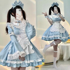 可愛いロリータワンピース ブルー メイド洋服 リボンフレア レディースロリータドレス 袖と髪飾りおまけ 半袖長袖自由に変更できる豪華二次元 普段着 ゴスロリ Lolita コスプレ メイド服 姫様 魔女 仮装 変装 写真撮影 ハロウィンコスチューム パーティー イベント