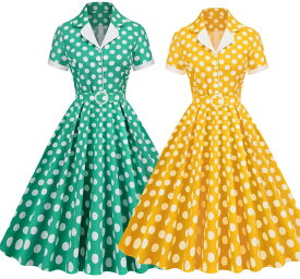 レディース レトロ ドレス ワンピース ドット柄 Aライン半袖 レトロワンピース 春夏 結婚式 襟あり Aライン半袖 レトロワンピース ロカビリー 可愛い 着痩せ ハイウエスト ボタン 膝丈 お呼ばれ スイングワンピ 謝恩会 披露宴 オールシーズ 舞台衣装 練習着 S-2XL