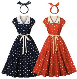 レディースワンピース レトロワンピース フレアワンピース シャツワンピース 水玉柄ドレス 2点セット 髪飾り付き パフスリーブ 半袖ドレス Aライン ダンスドレス コスチューム 社交ダンスウェア 団体服 演出服 パーティードレス ダンス衣装 舞台パフォーマンス 2色